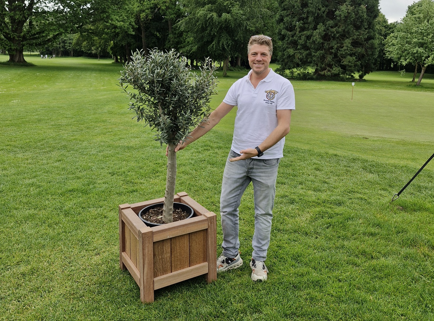 Olijfboom in handgemaakte Terrano plantenbak in tropisch hardhout